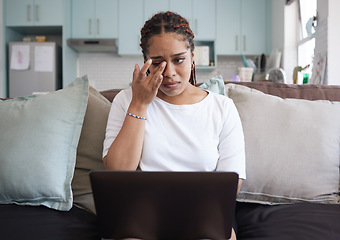 Image showing Stress, sad and student crying with laptop alone thinking of bad news, depression and report deadlines. Burnout, anxiety and depressed girl working at home frustrated with mistakes, fail and fear