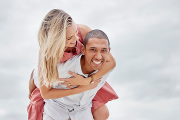 Image showing Love, freedom and couple embrace at beach, happy and relax on summer vacation together. Portrait of interracial man and woman enjoy playful relationship outdoors in nature, having fun bonding on trip