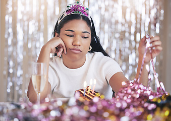 Image showing Sad, lonely and depression woman birthday party event celebrate in isolation. Frustrated, waiting and anxiety young emotional female looking depressed, bored and angry about failed moody celebration