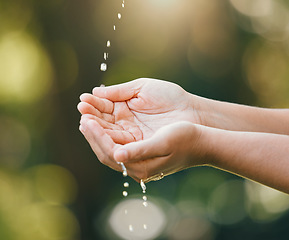 Image showing Water splash, hands and environment sustainability of nature, earth day and eco friendly care. Closeup catching drops of waterfall, rain and sustainable ecology for healthy, natural support and hope