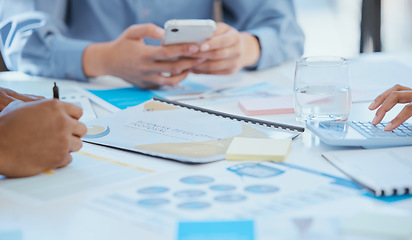 Image showing Planning, marketing and finance hands meeting with business people working on report, documents or paper in a office. Advertising, strategy and accounting team work on a budget for a startup business