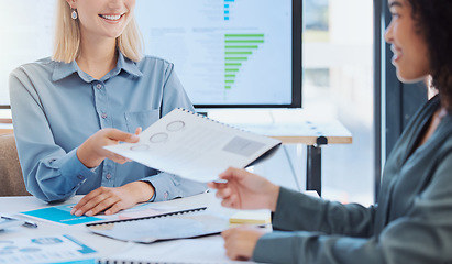 Image showing Women in office, meeting with document for project or to discuss new marketing strategy. Manager give task, brief or report on paper to young female employee at desk while working together