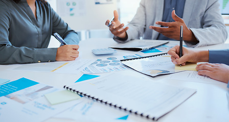 Image showing Team, collaboration and hands of business people planning a proposal strategy for success in negotiation or partnership presentation. Corporate group of people working together in company meeting