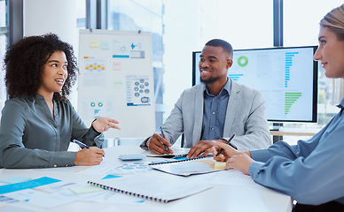 Image showing Accounting team, finance and financial meeting on group investment planning and sales strategy. Accountant, paperwork and business people check profit growth analytics on budget documents in notebook