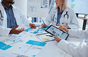 Image showing Healthcare doctors and meeting documents with tablet data for business discussion in office. Medical paperwork communication and analytics improvement for development of medicare company.