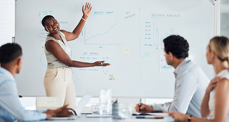 Image showing Presentation, business meeting or black woman leader on whiteboard for strategy, training and planning KPI growth mission. Business people with analytics, sales data analytics or analysis in workshop