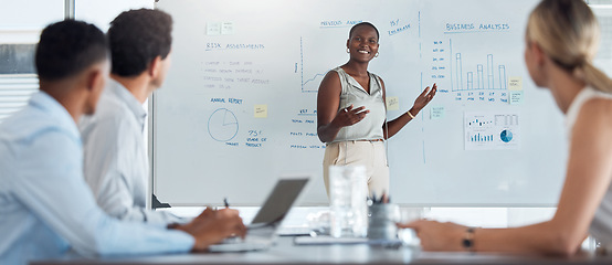 Image showing Black woman leadership, whiteboard business analysis and presentation for meeting, workshop planning and team mentor. Manager talking, training and working vision, strategy idea and finance analytics