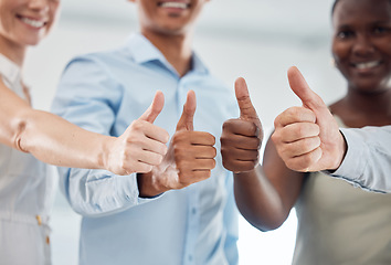 Image showing Corporate thumbs up and teamwork with success hands for business workforce development and motivation. Agreement, partnership and winning achievement together in professional work team.