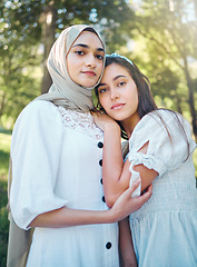 Image showing Muslim woman, friends and trust while standing outside in a park and nature with support, love and a good relationship. Portrait middle eastern arab women beautiful in modest Islam fashion with hijab