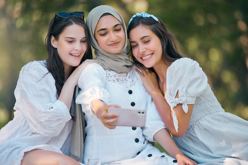Image showing Diversity group of women, friends and selfie in park, garden and outdoor picnic together. Happy, smile and multicultural woman community taking phone photos for social media, fun and summer lifestyle