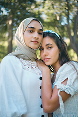 Image showing Friends portrait, muslim and woman in park for love, care and women support with hijab or fashion. Islam, Arab, Turkey or Istanbul young people or girl for modest design with garden or nature bokeh