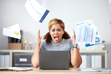 Image showing Stress, angry and sad finance manager throwing documents, paper and paperwork while on laptop. Depression, frustrated or screaming black woman making mistake, failure or error on tax on computer.