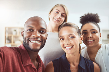 Image showing Friends, selfie and office worker smile and relax while bonding and posing for a picture at work, Multicultural, face and photo by fun colleagues enjoying free time after team meeting together