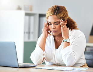 Image showing Stress, anxiety and headache with business woman working in a corporate office. Manager with fear of deadline, mental health and burnout while sitting with online report or work review with laptop