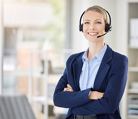 Image showing Call center woman and success manager smile with headset on telemarketing and support call at office. Customer service consultant, crm agent or employee consulting or helping with contact us question