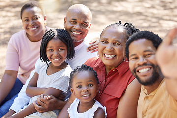 Image showing Black family, selfie and bonding in nature picnic, garden and backyard environment with men, women or children. Portrait, smile or happy kids with senior grandparents, mother and father in photograph