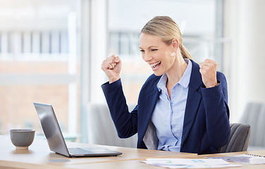 Image showing Excited, happy and celebration finance worker cheer, success and profit with stock market trade on office laptop. Winner, wow and professional financial analyst smile with pride checking information