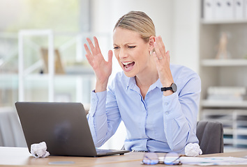 Image showing Laptop accident, angry and business woman with anxiety about work email, stress about startup company review and mental health problem in office. Employee computer glitch without insurance at desk