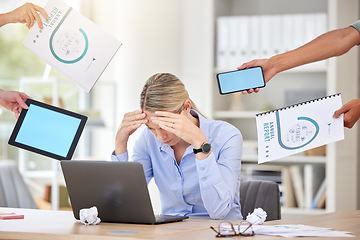 Image showing Stress, demand and woman worker with hands holding business reports and blank technology screens. Anxiety, overwhelmed and tired person unhappy with corporate career pressure and deadline.