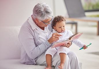 Image showing Family, book and reading with grandma and baby relax on sofa in the morning for story, learning and happiness. Love, happy and education with grandmother and girl with story for care, creative or joy