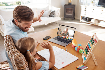 Image showing E learning, video call and teacher with child and dad study education or homework at home. Virtual, online and distance learning with father and girl student remote, class or school