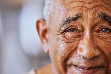 Image showing Portrait of a happy, kind black senior mans face with wrinkles, smile and friendly in a retirement home. Happiness, joy and positive elderly black man smiling and feeling content with retired life