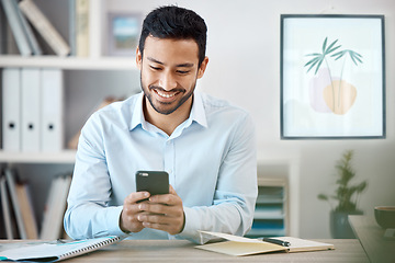 Image showing Phone, communication and schedule with a business man working in his office with wifi and mobile technology. Email, networking and text message with a young male employee at his desk at work