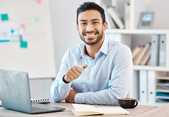 Image showing Success, work and a happy young businessman in his office at a startup. Planning, notes and research, a business coach preparing for a presentation. Tech, internet and a smile, working at a computer.