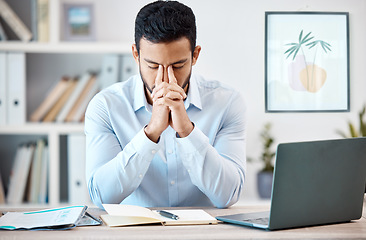 Image showing Business man headache, workplace stress and sick anxiety, pain and migraine with mental health problem from burnout, crisis and depression. Frustrated person, sad job failure and tired worker mistake