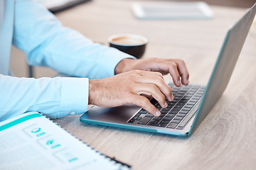 Image showing Computer typing, man working and work web research of a tech business man at a office. IT internet worker with digital big data analytics planning information technology design strategy on a laptop