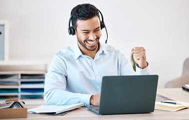 Image showing Asian, call center man and success deal with laptop customer service, contact us support or CRM consulting worker. Celebration, consultant or communication with wow, winner and happy telemarketing.