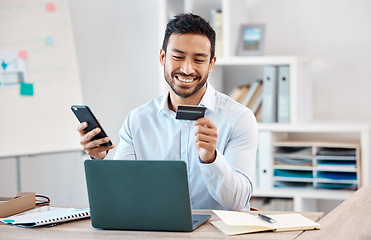 Image showing Phone shopping, credit card and business man finance payment with smartphone, banking on internet and mobile app for investment in work office. Asian corporate employee financial trading on web