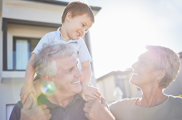 Image showing Happy family, baby and grandparents outdoor in summer sunshine with lens flare for vitamin d wellness, healthcare and growth development. Grandmother and grandfather spending time with kid or child