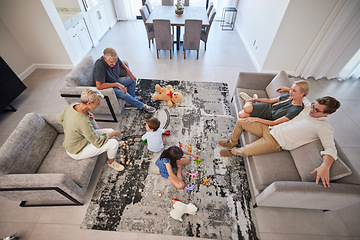 Image showing Big family in living room home with parents, baby or children play on carpet for growth, development and wellness. Overhead grandmother and grandfather talking to kids for language learning in lounge