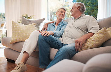 Image showing Retirement couple smile on sofa talking about happy marriage, pension and wealth in home or holiday house. Hug, love and care senior woman with man relax on couch together in living room for summer