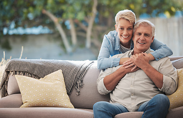 Image showing Mature couple, love bond and hug on house patio, home garden sofa and relax furniture chair in backyard. Portrait of smile, happy and retirement senior or man and woman in trust, security and safety