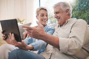 Image showing Tablet, love and senior couple with woman and man online for social media, video call or watching series and movies. Happy, smile and fun with an elderly male and female pensioner in a living room