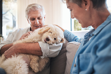 Image showing Retirement, dog and senior couple love, hug and care for puppy on sofa in a home for mental health and wellness. Elderly pension people on couch together with adopted animal pet friend for loyalty