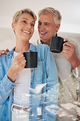 Image showing Retirement, relax and coffee with couple in the morning together for love, happy and support. Care, drink and smile with elderly man and old woman for marriage, happiness and breakfast at home