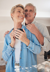 Image showing Happy, coffee and morning with senior couple and hug together for love, breakfast and support. Retirement, relax and smile with elderly man and old woman for happiness, care and marriage at home