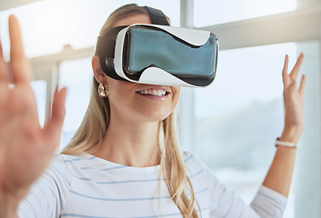 Image showing Virtual reality, metaverse and happy woman relaxing and playing vr goggles interactive game using futuristic technology at home. Future, iot and cyberspace while exploring 3d world with ai headset