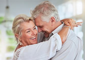 Image showing Retirement, hug and happy couple celebration, dancing together with love and happiness in their home. Celebrate, dance and marriage affection of senior people for valentines day in summer house