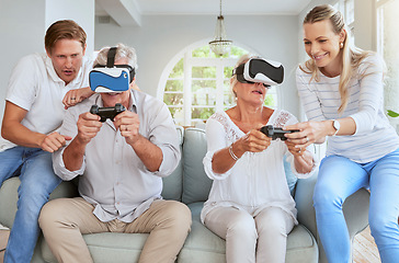 Image showing Futuristic family with video game VR or virtual reality glasses in home with couple helping senior people. Metaverse, future games and elderly people play ai 3D simulation software app together