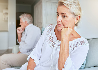 Image showing Retirement couple, ignore and fight for divorce with marriage cheating revelation shock. Elderly people in relationship conflict break up with infidelity secret confession and trust issue.