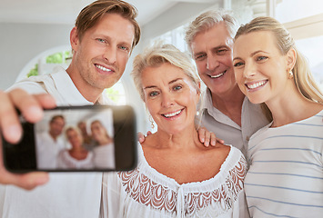 Image showing Selfie, family and phone with a mobile in the hand of a man with his senior parents in a home for a visit. Happy, smile and love with elderly pensioner parents and their adult children taking a photo