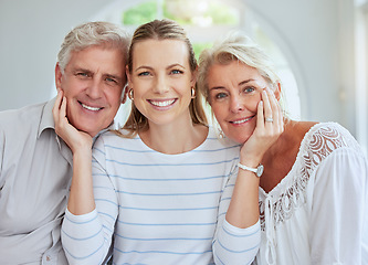 Image showing Care, support and portrait of grandparents with daughter for happy family, generations and love. Motivation, retirement and wellness with elderly parents and woman together in family home