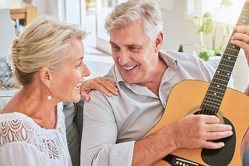Image showing Senior couple with guitar for music and singing together on sofa for retirement lifestyle and summer lens flare. Happy elderly woman or creative musician people in living room home playing love song