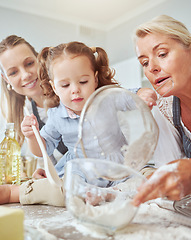 Image showing Mother, grandma and girl baking in family home, to make snack, biscuit or pie while have fun. Happy mom with proud grandmother in kitchen together teaching girl to bake cake or cookies for family