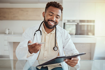 Image showing Medical, consulting and checklist with doctor at desk in hospital or clinic for trust, communication and help. Documents, medicine and healthcare with black man for therapy, check and results