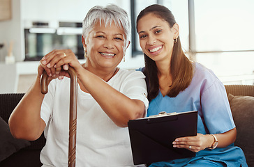 Image showing Nurse, healthcare and senior woman with medical support from doctor, consulting for health or happy in communication in retirement. Portrait of elderly person with trust in caregiver worker in house